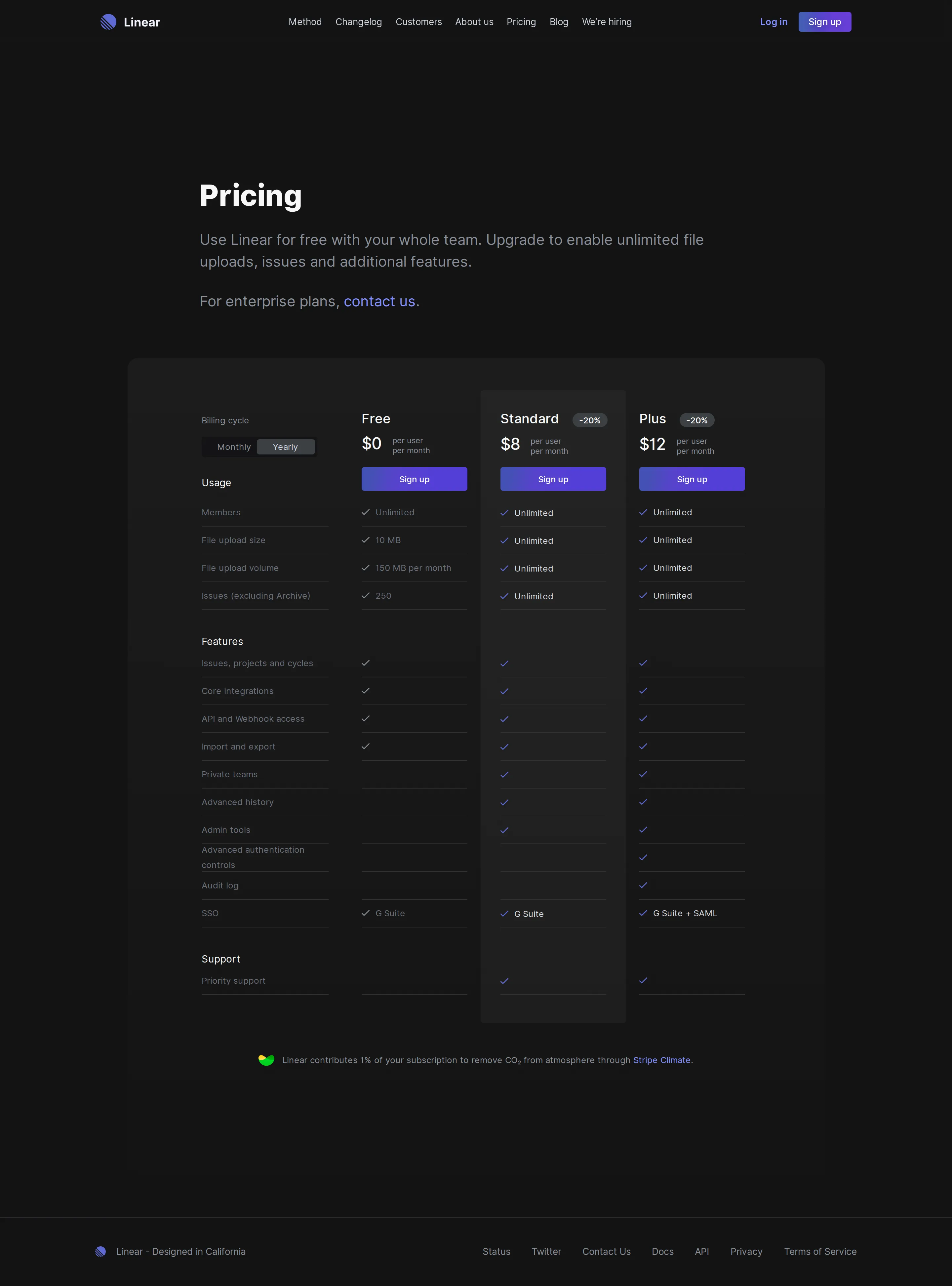 Free / Standard $8 / Plus $12 (per-seat freemium) - Wayback snapshot shows three plans on yearly billing: Free $0, Standard $8 per u